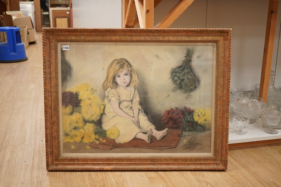 Lewis W. Helyes (1951-2015), Study of a seated young girl amongst flowers, unsigned, pastel, 52 x 74cm, ornate frame